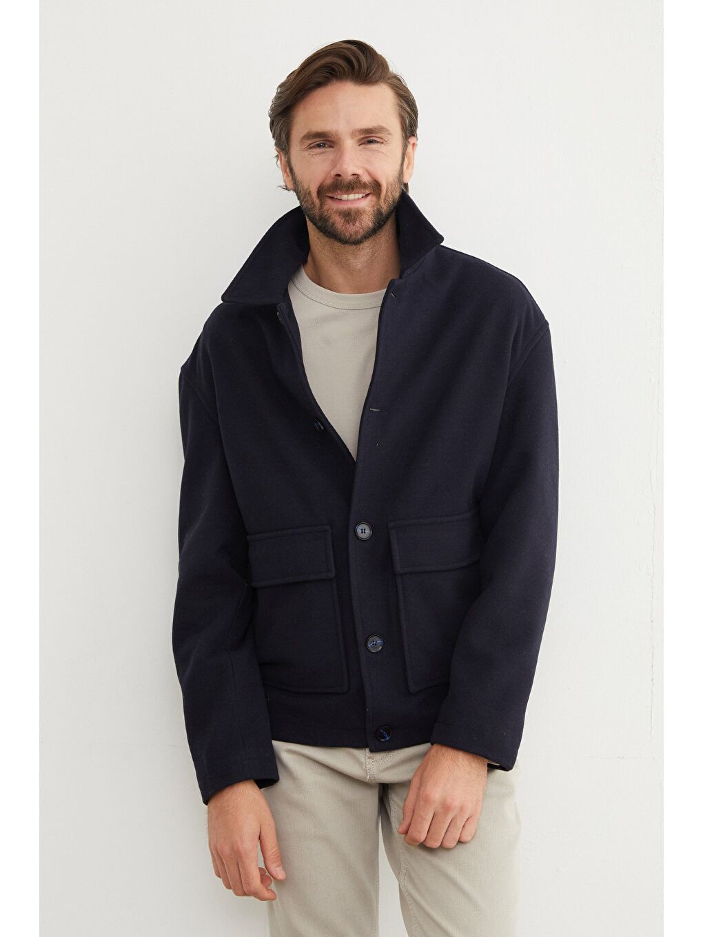 Lacivert Düğmeli Çift Cepli Gömlek Yaka Kaşe Kaban-2