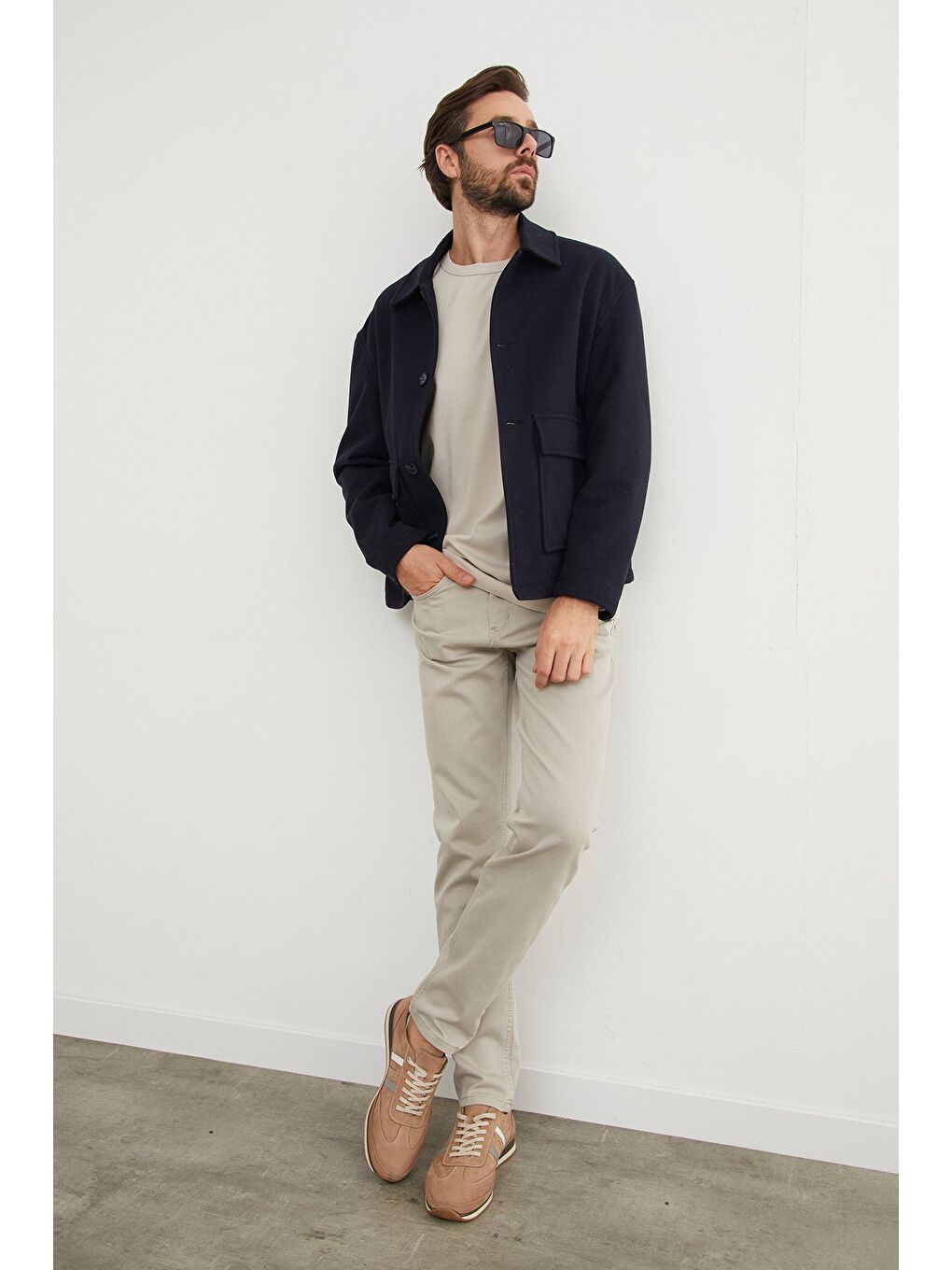 Lacivert Düğmeli Çift Cepli Gömlek Yaka Kaşe Kaban-3