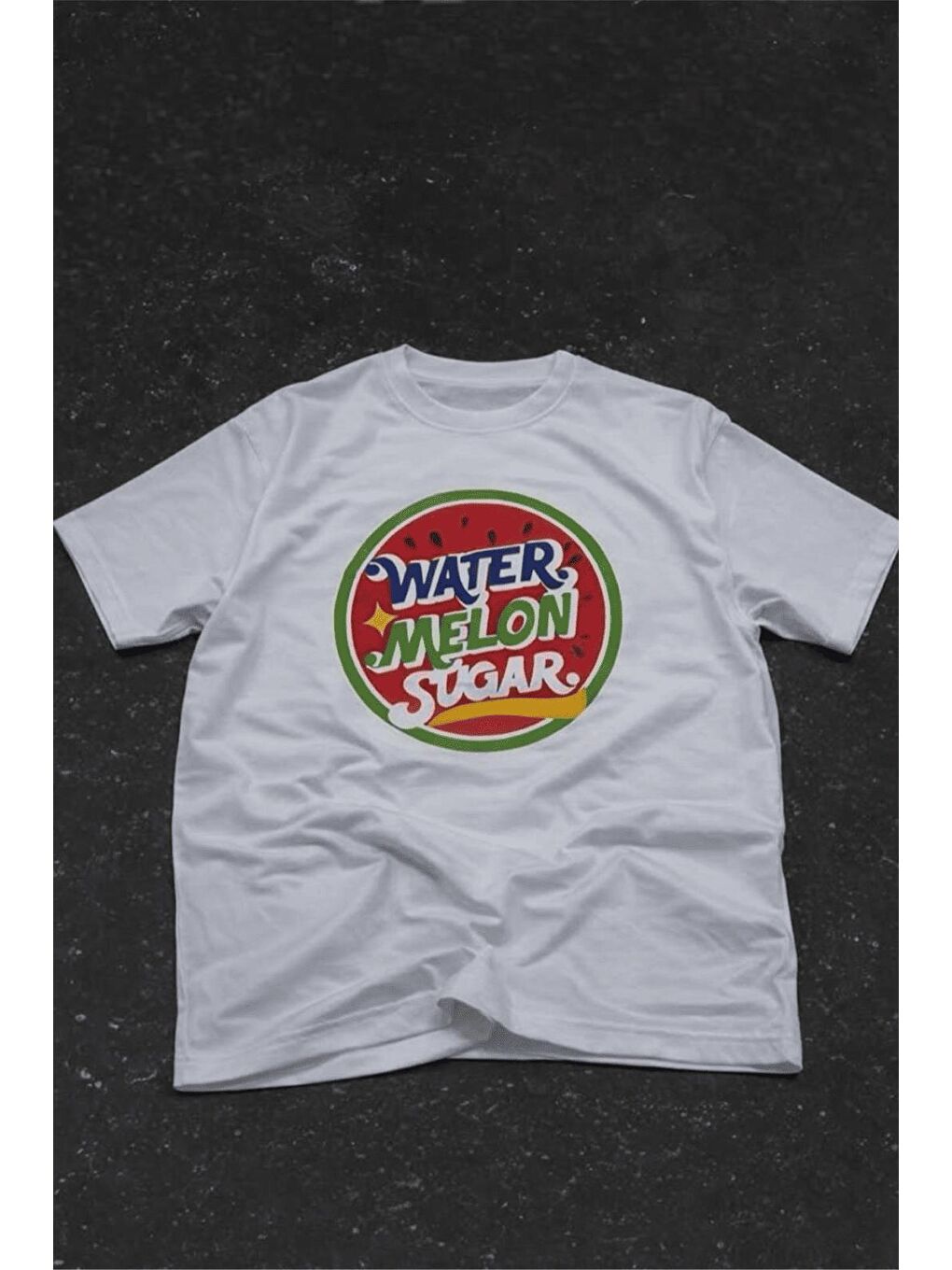 Beyaz Watermelon Sugar Retro Baskılı Oversize Unisex Pamuklu Tişört-1