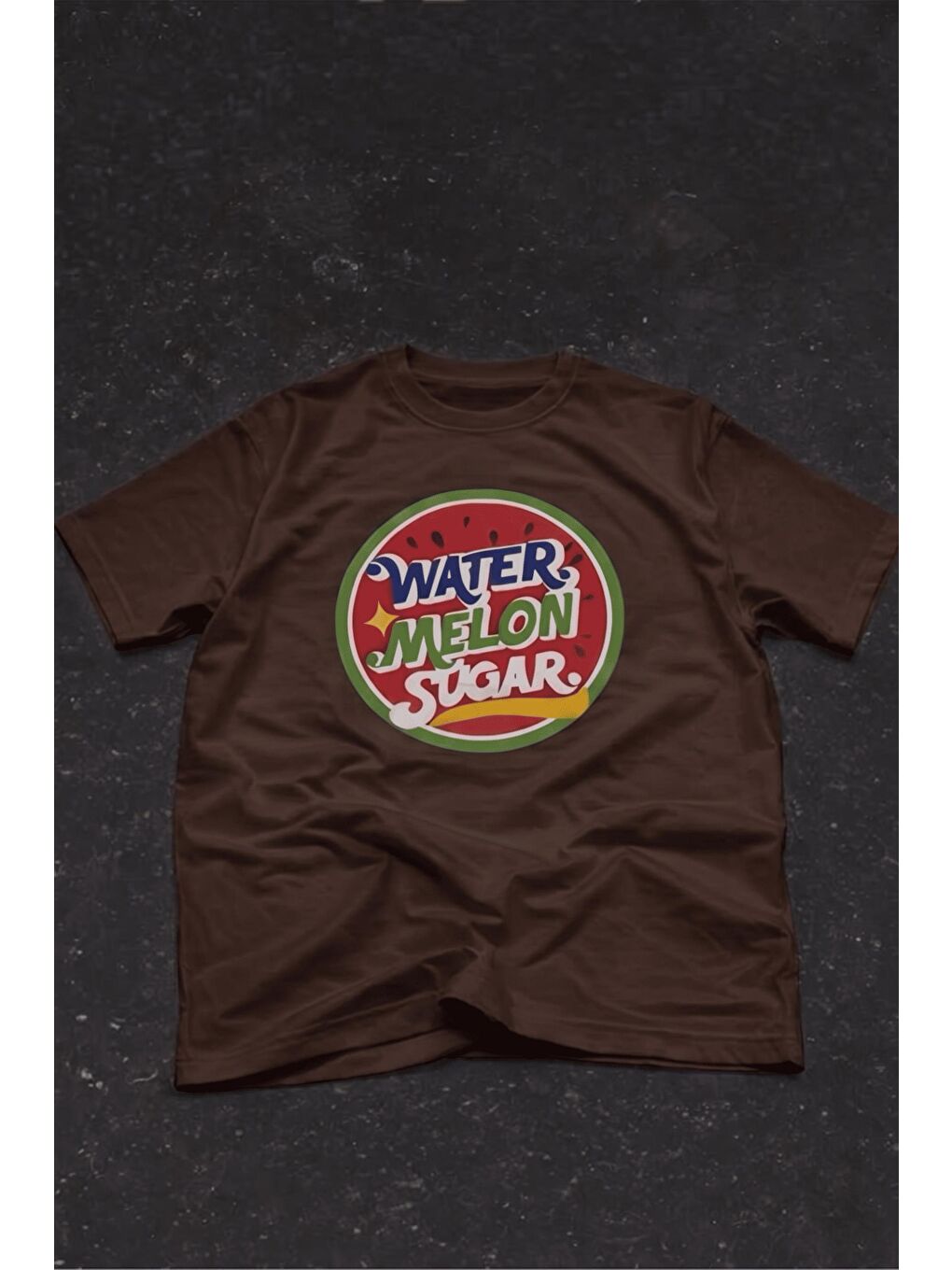 Kahverengi Watermelon Sugar Retro Baskılı Oversize Unisex Pamuklu Tişört-1