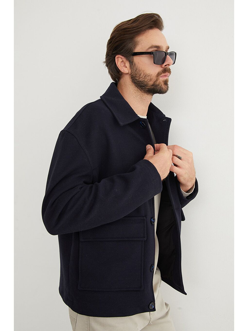 Lacivert Düğmeli Çift Cepli Gömlek Yaka Kaşe Kaban-4