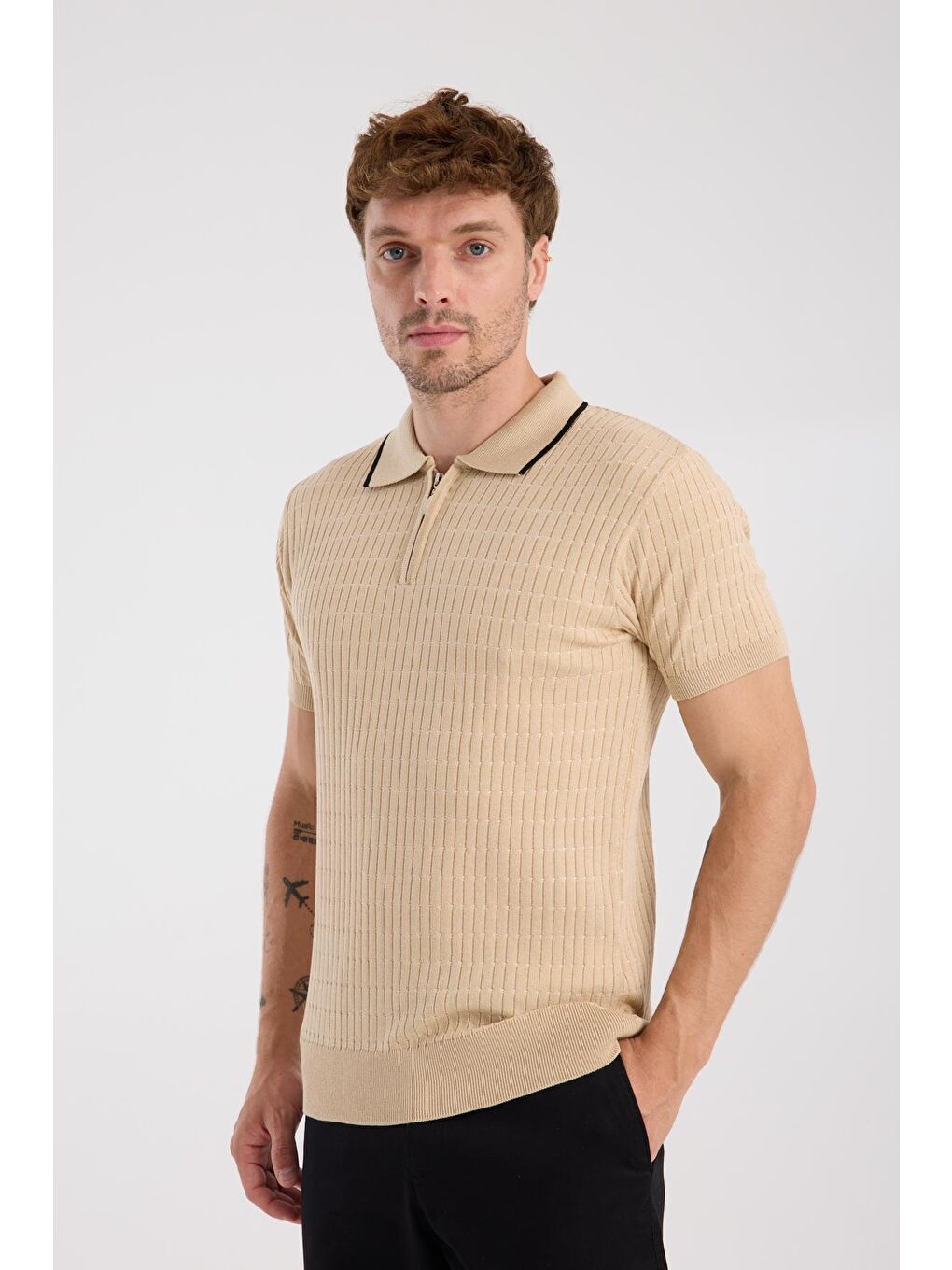Aclub Sierra Örme Kumaş Viskon Karışımlı Slim Fit Koyu Bej Polo Yaka Erkek Düz Polo Shirt-2