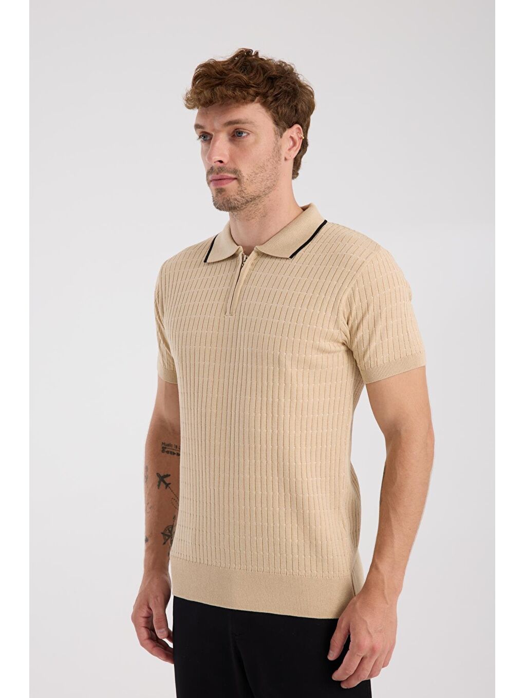 Aclub Sierra Örme Kumaş Viskon Karışımlı Slim Fit Koyu Bej Polo Yaka Erkek Düz Polo Shirt-3