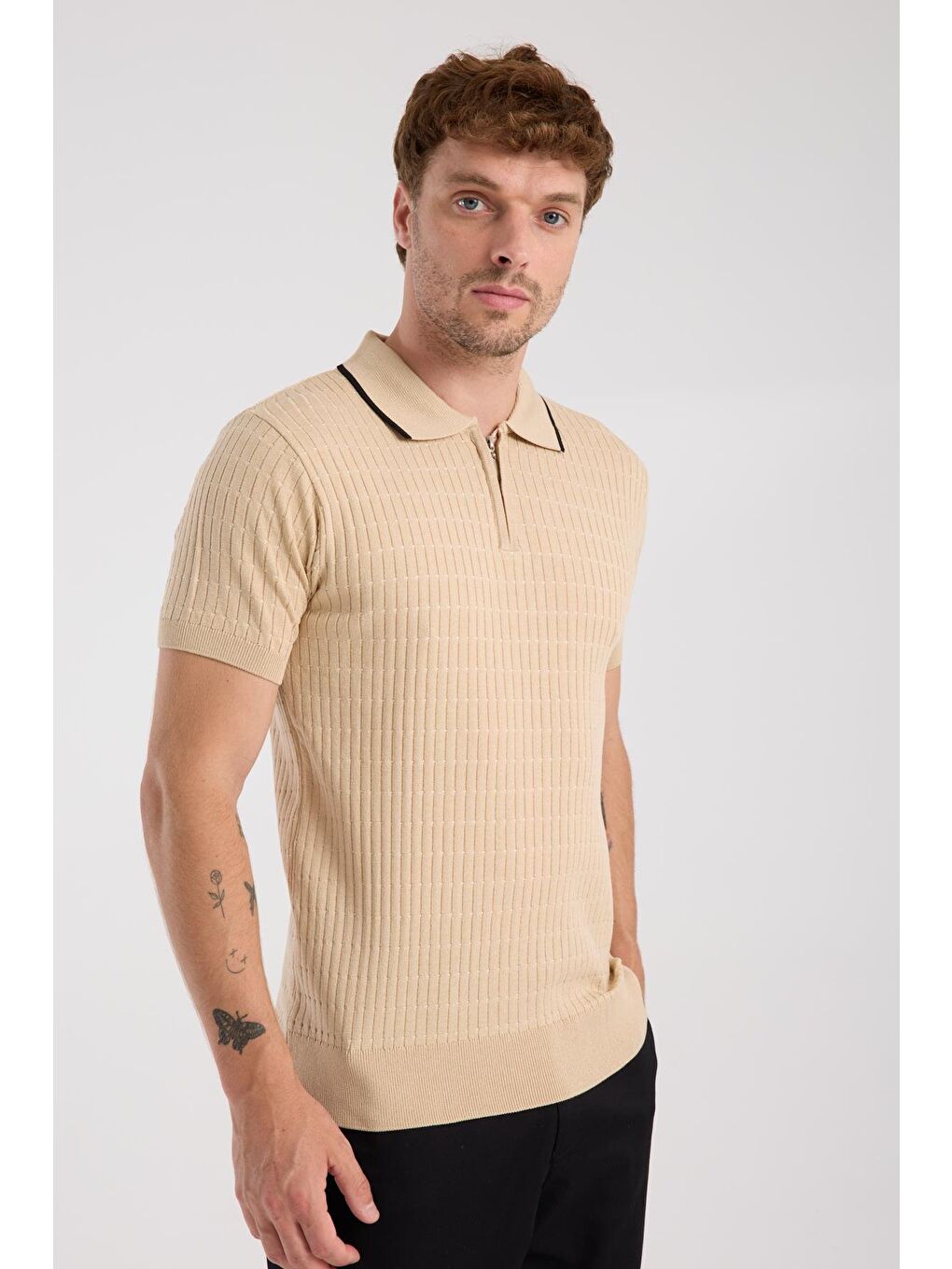 Aclub Sierra Örme Kumaş Viskon Karışımlı Slim Fit Koyu Bej Polo Yaka Erkek Düz Polo Shirt-4