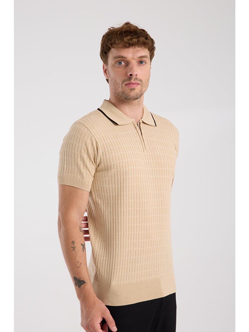 Aclub Sierra Örme Kumaş Viskon Karışımlı Slim Fit Koyu Bej Polo Yaka Erkek Düz Polo Shirt-5