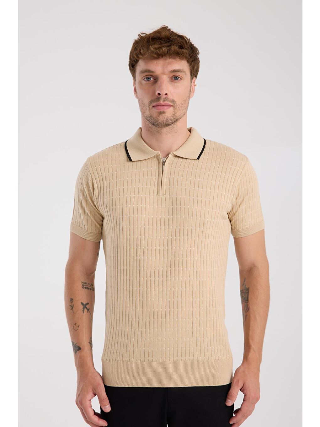 Aclub Sierra Örme Kumaş Viskon Karışımlı Slim Fit Koyu Bej Polo Yaka Erkek Düz Polo Shirt-6