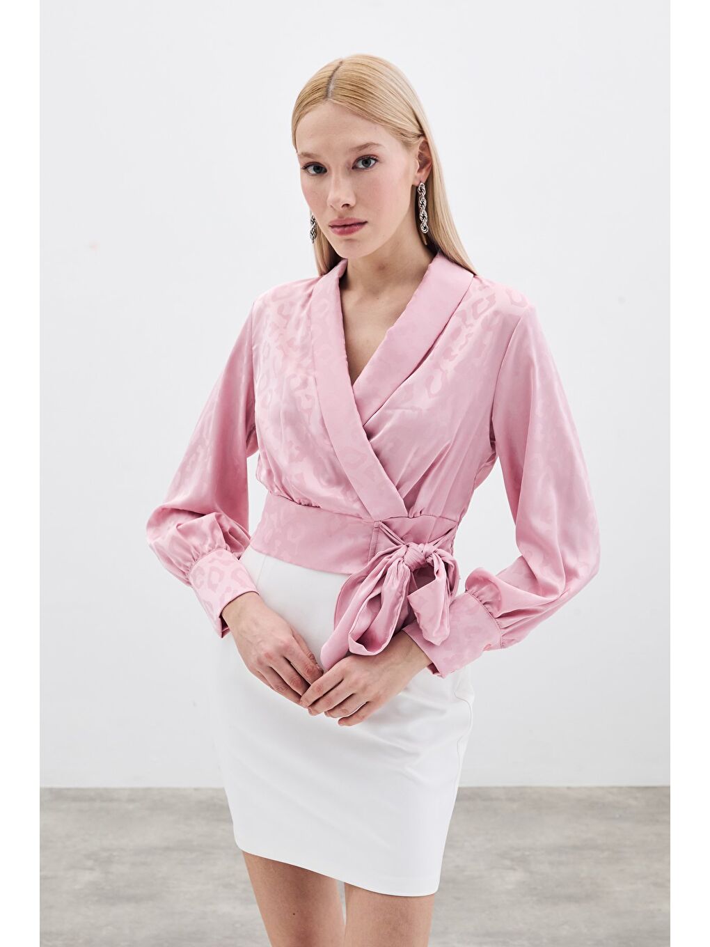 Yan Kuşaklı Saten Bluz - Pembe-1