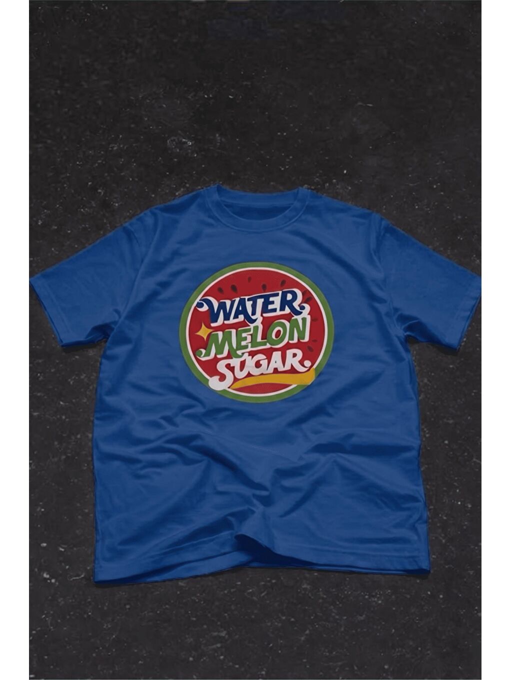 Mavi Watermelon Sugar Retro Baskılı Oversize Unisex Pamuklu Tişört-1