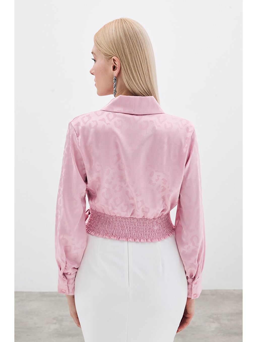 Yan Kuşaklı Saten Bluz - Pembe-5