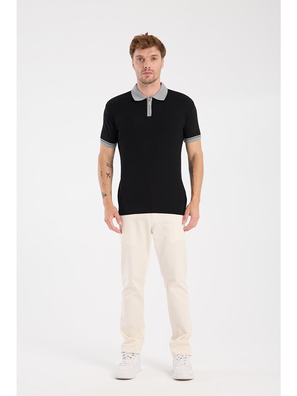 Aclub Echo Örme Kumaş Viskon Karışımlı Slim Fit Siyah Polo Yaka Erkek Desenli Polo Shirt