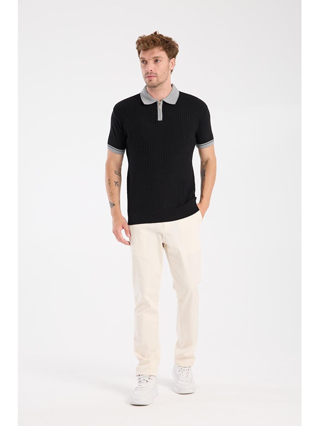 Aclub Echo Örme Kumaş Viskon Karışımlı Slim Fit Siyah Polo Yaka Erkek Desenli Polo Shirt-1