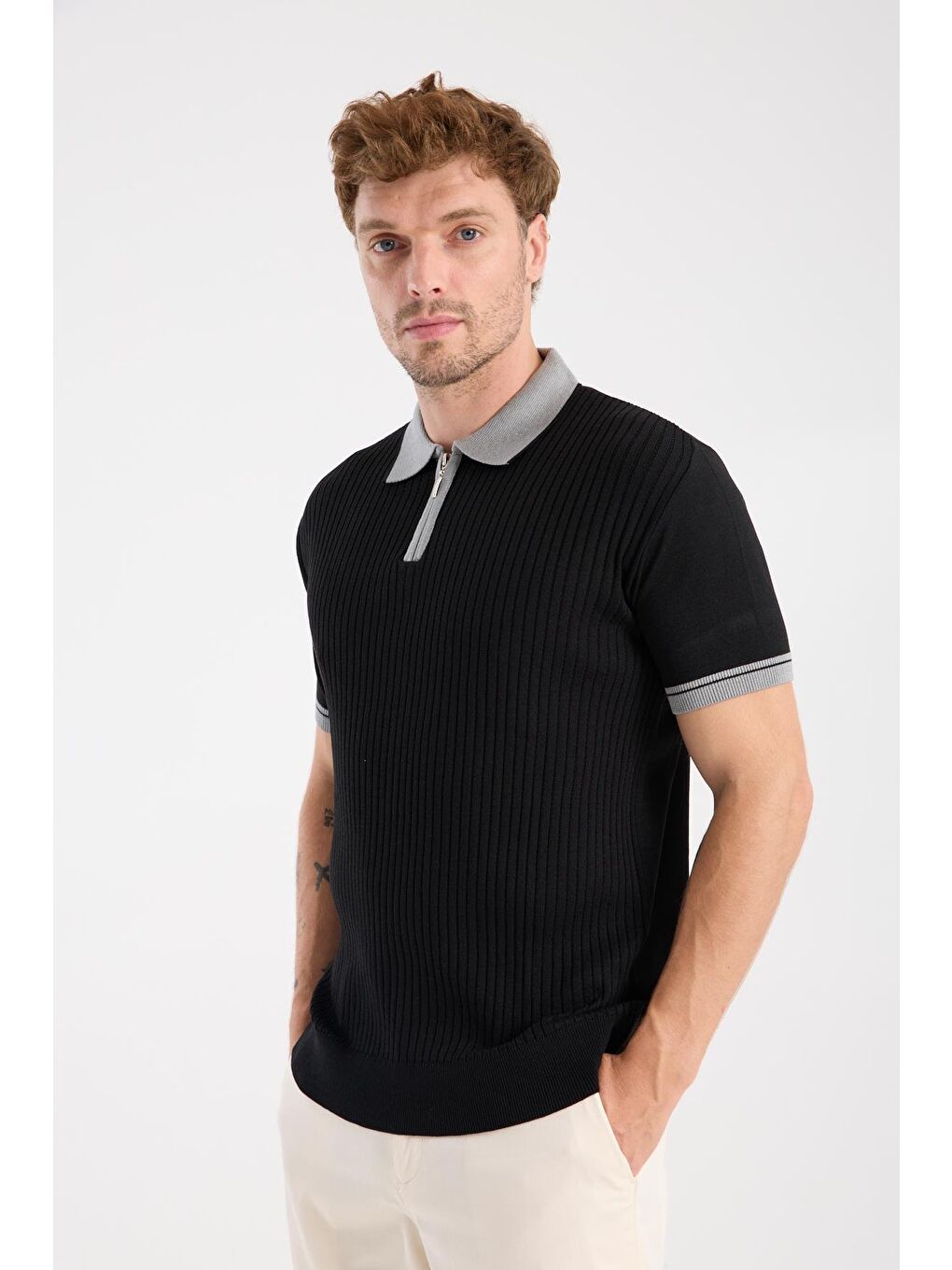 Aclub Echo Örme Kumaş Viskon Karışımlı Slim Fit Siyah Polo Yaka Erkek Desenli Polo Shirt-2