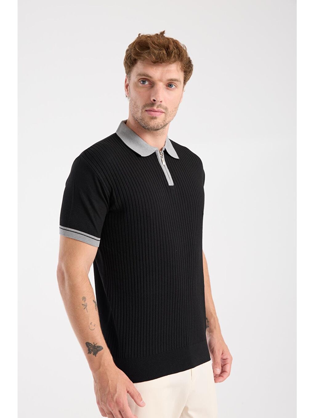 Aclub Echo Örme Kumaş Viskon Karışımlı Slim Fit Siyah Polo Yaka Erkek Desenli Polo Shirt-4