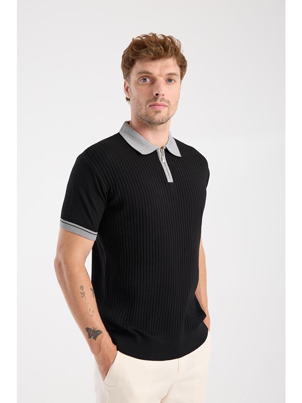 Aclub Echo Örme Kumaş Viskon Karışımlı Slim Fit Siyah Polo Yaka Erkek Desenli Polo Shirt-5