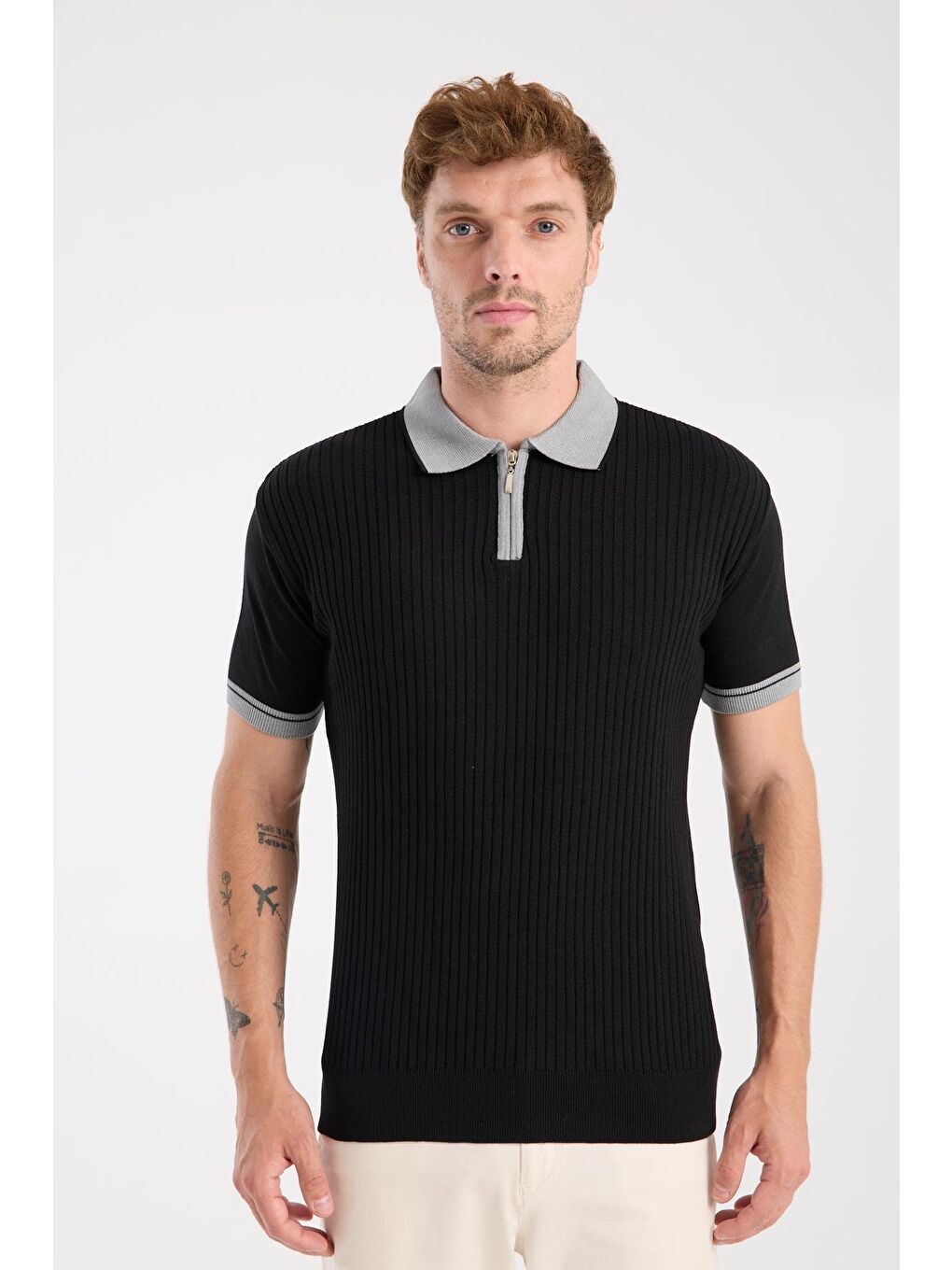 Aclub Echo Örme Kumaş Viskon Karışımlı Slim Fit Siyah Polo Yaka Erkek Desenli Polo Shirt-6