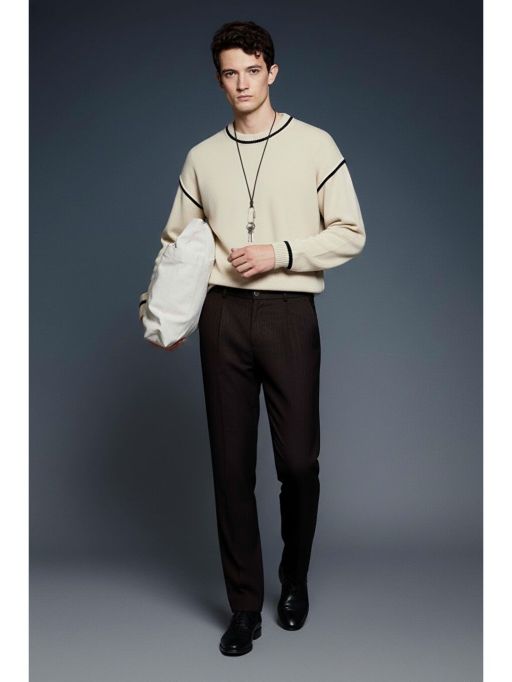 Erkek Oversize Yuvarlak Yaka Kontrast Detaylı Kazak Bej-1