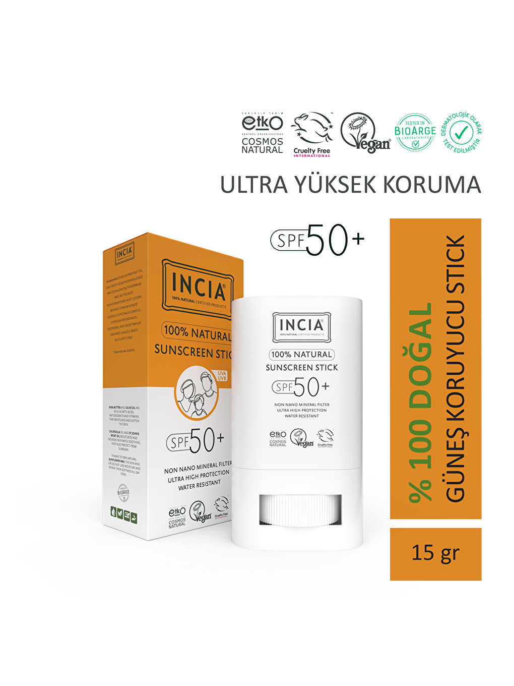 100% Doğal Güneş Koruyucu Sun Stick Mineral Filtreli Hassas Cilt Bitkisel UVA UVB SPF50+ 15 gr