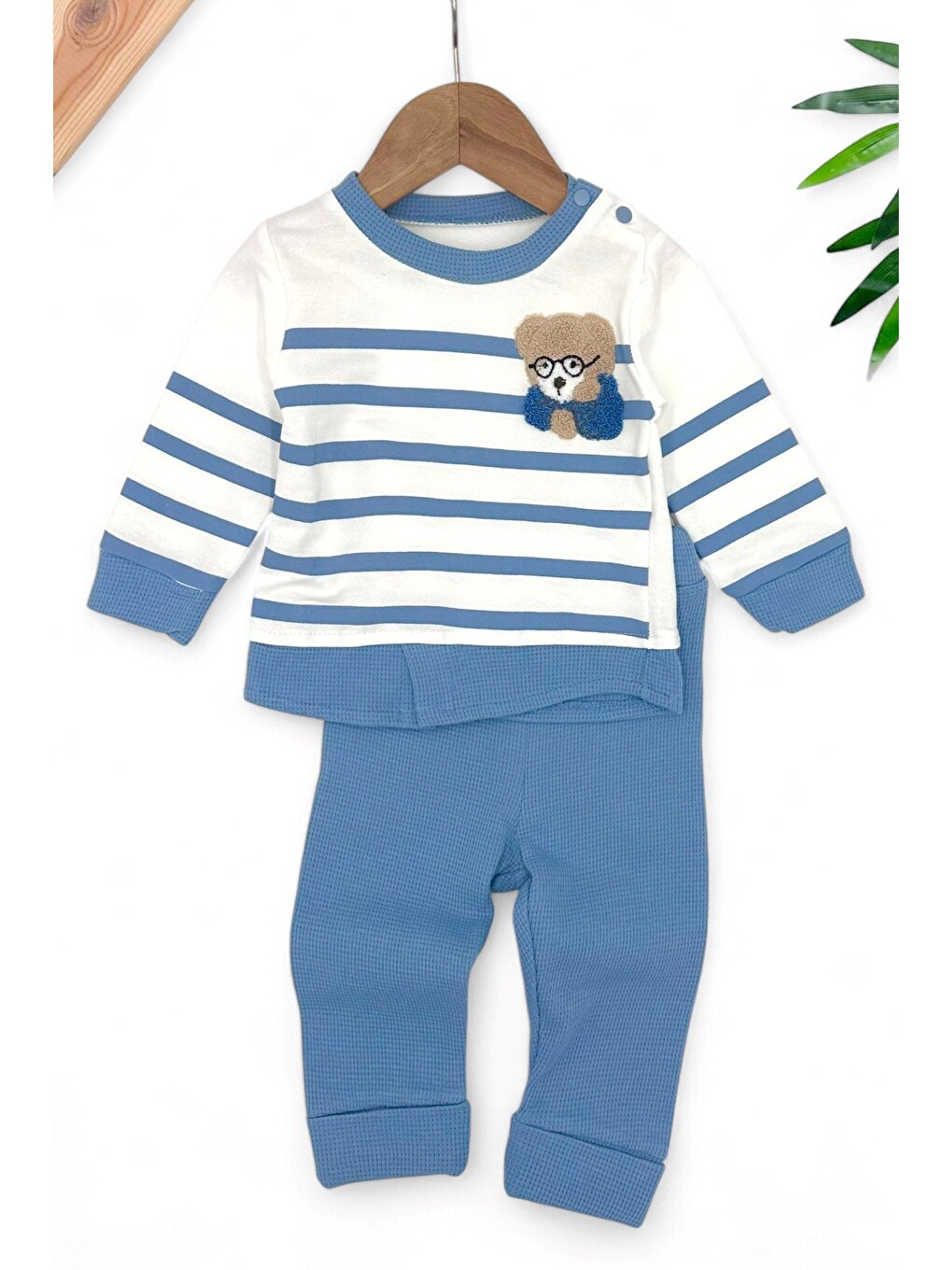 Mavi Erkek Bebek Ayıcık Nakışlı Takım-1
