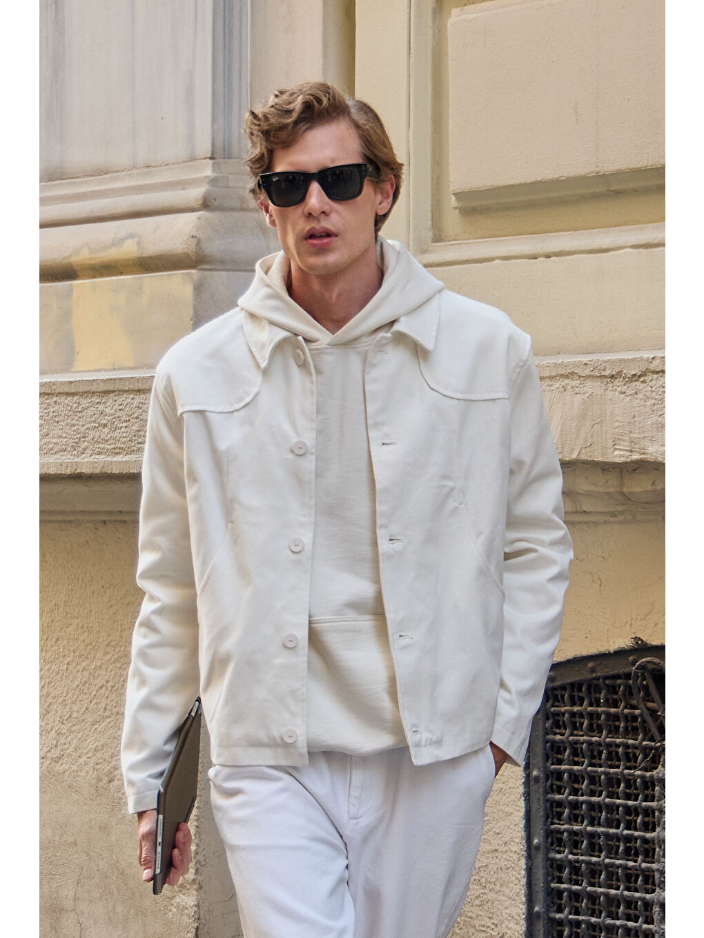 Erkek Teknik Kumaş Mont Ceket Ekru