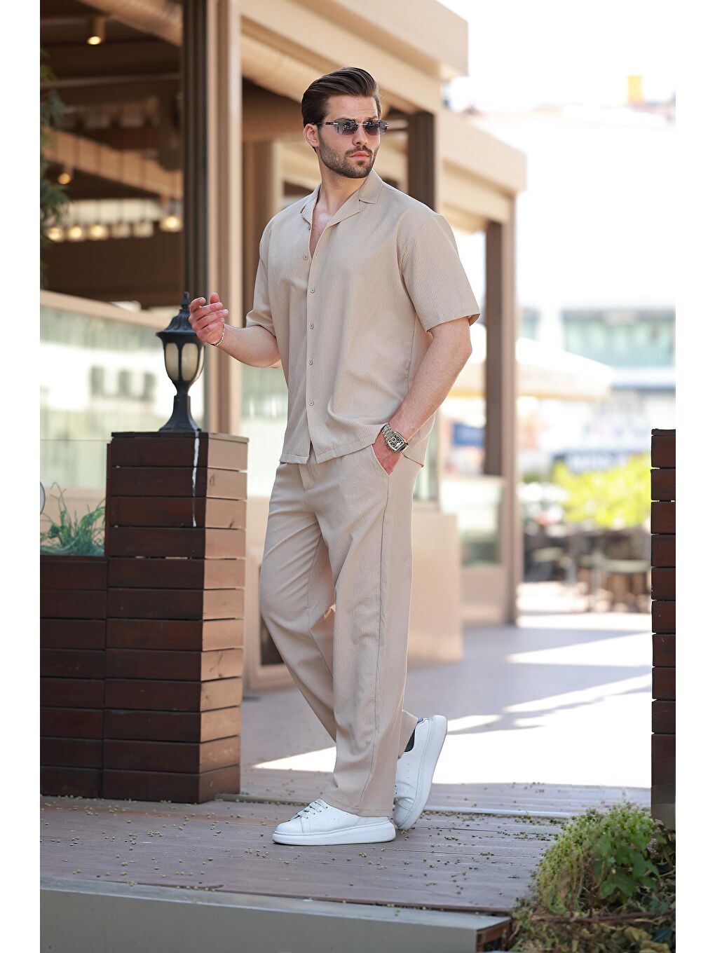 Bej Basic Erkek Gömlek Takım E7320-1