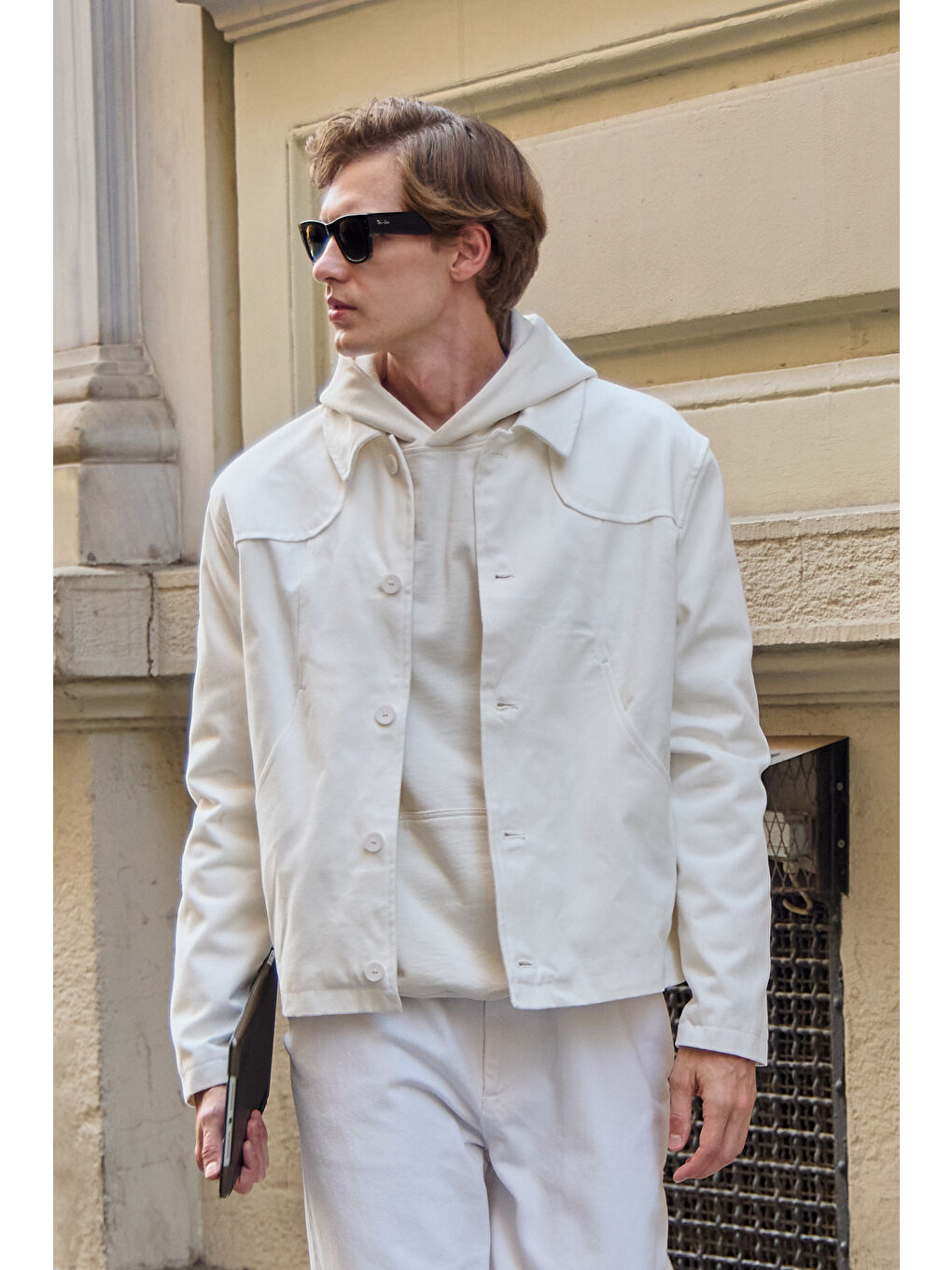 Erkek Teknik Kumaş Mont Ceket Ekru-1