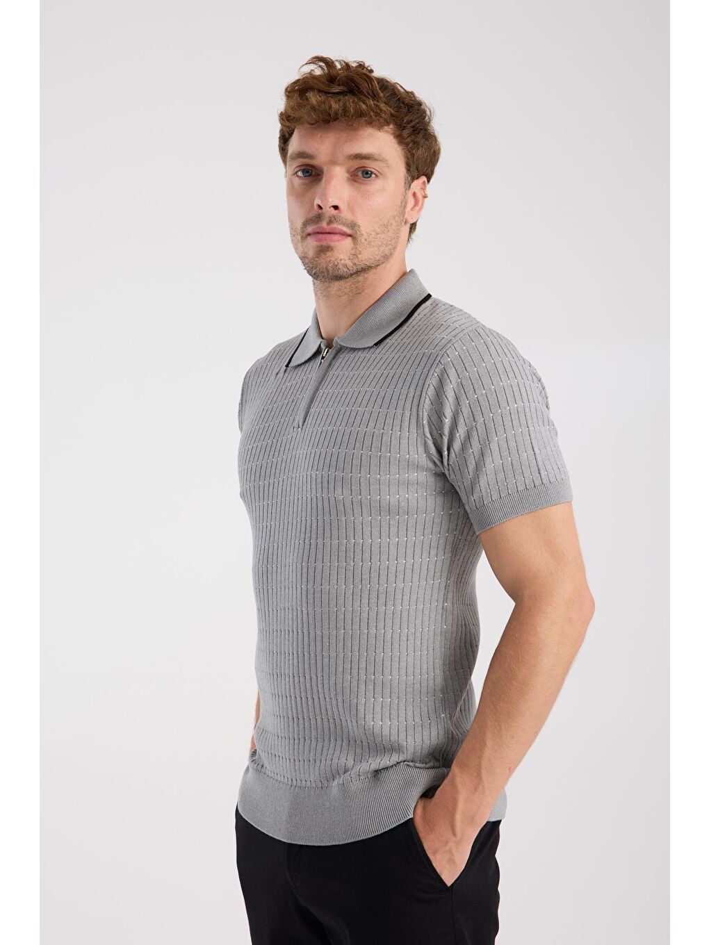 Aclub Sierra Örme Kumaş Viskon Karışımlı Slim Fit Gri Polo Yaka Erkek Düz Polo Shirt-4