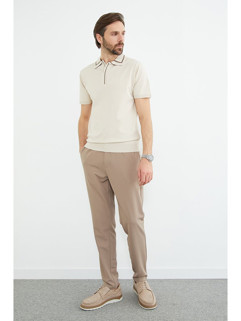 Bej Beli Bağlamalı Cepli Pantolon