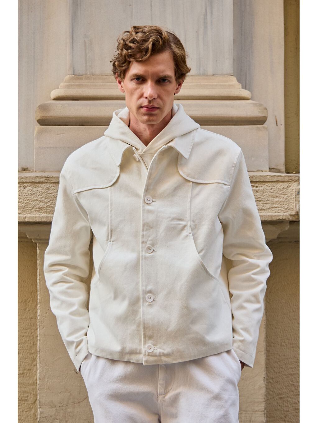 Erkek Teknik Kumaş Mont Ceket Ekru-3