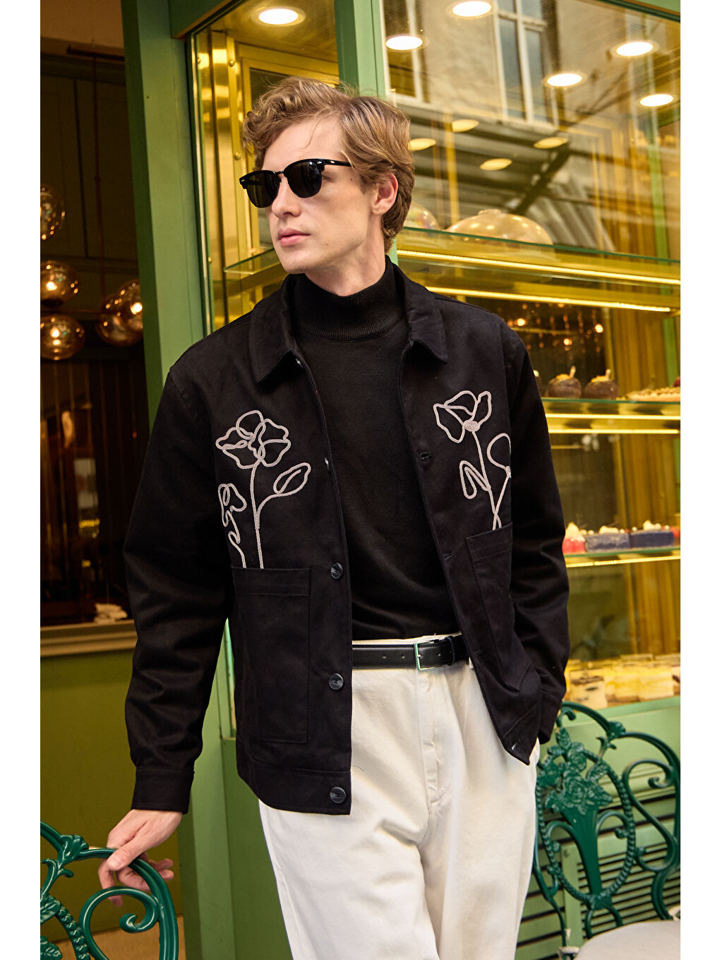 Erkek Çiçek Desenli %100 Pamuk Ceket Siyah