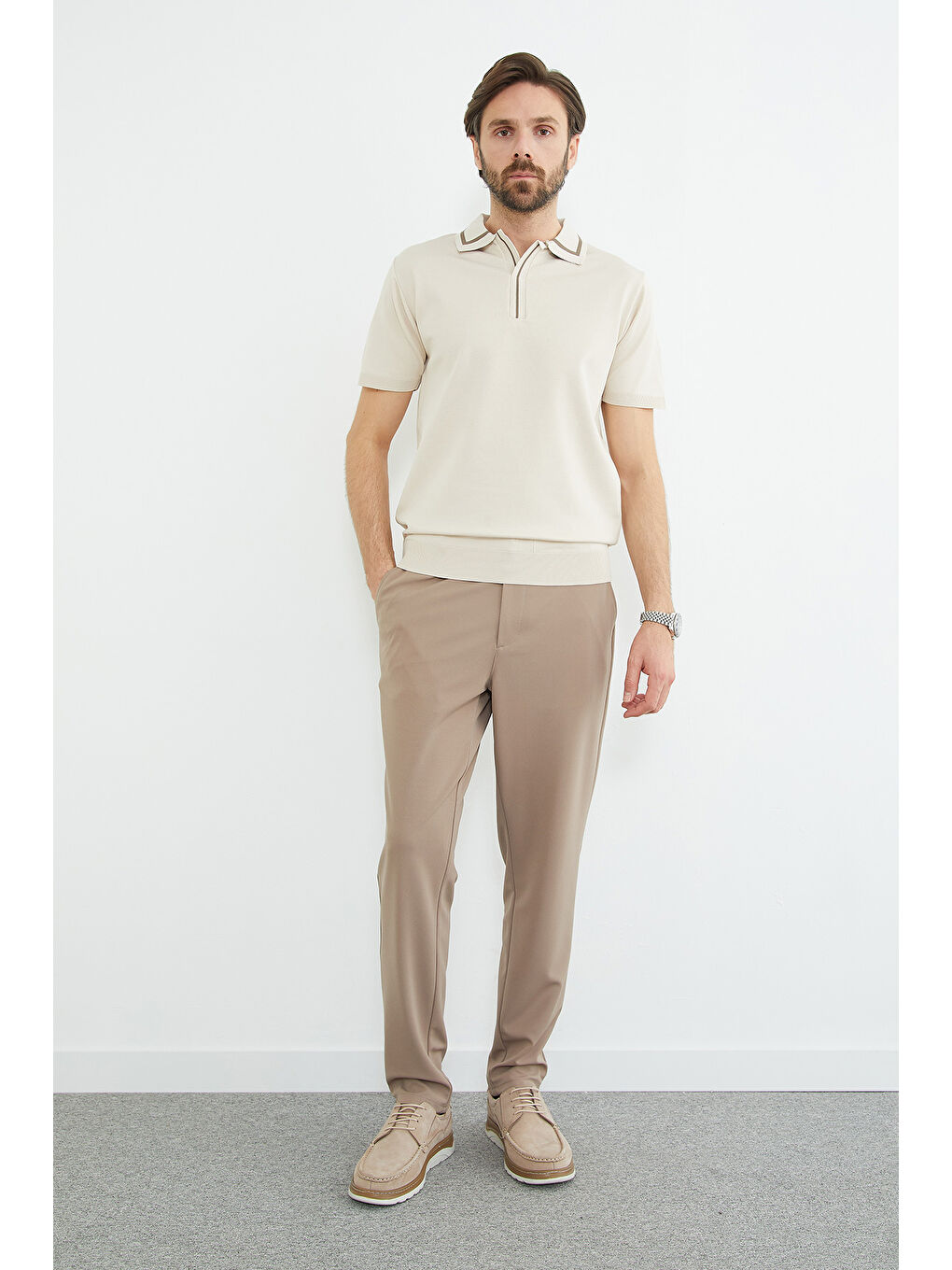 Bej Beli Bağlamalı Cepli Pantolon-1