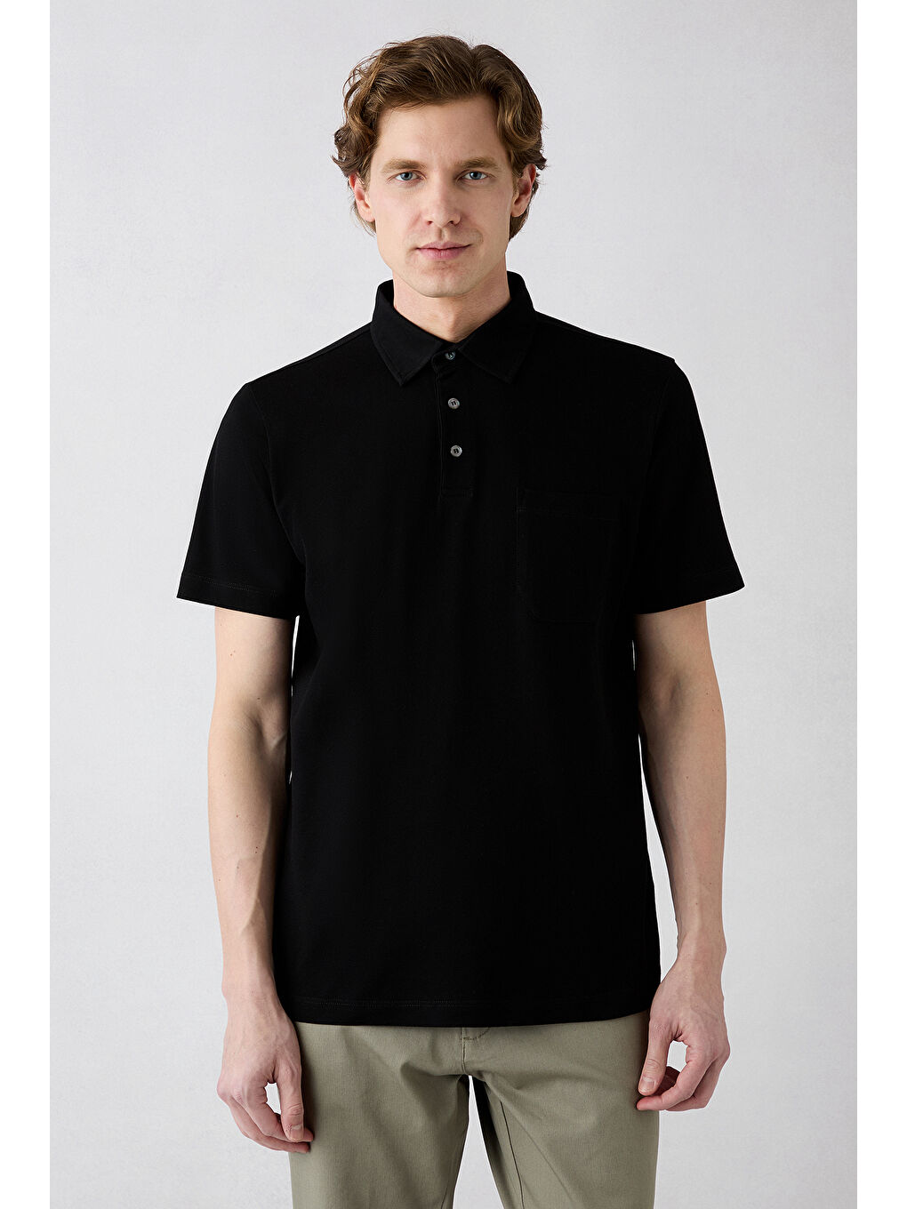 Siyah Regular Fit Pamuk Düğmeli Cepli Polo Yaka Tişört-1