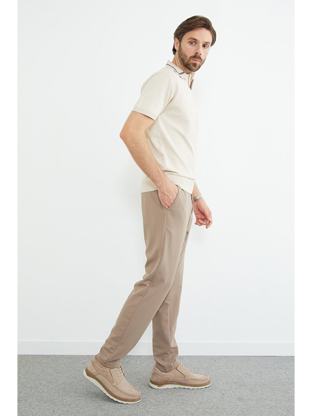 Bej Beli Bağlamalı Cepli Pantolon-2