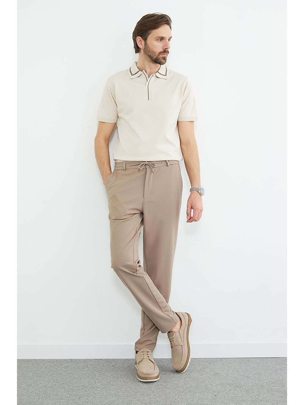 Bej Beli Bağlamalı Cepli Pantolon-3