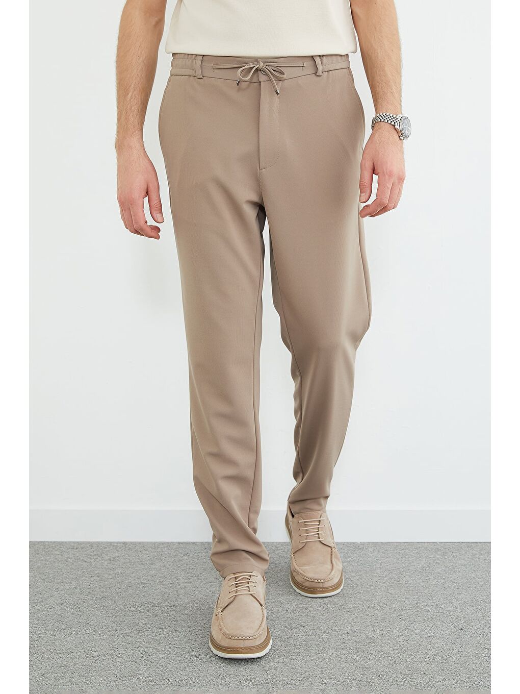 Bej Beli Bağlamalı Cepli Pantolon-4