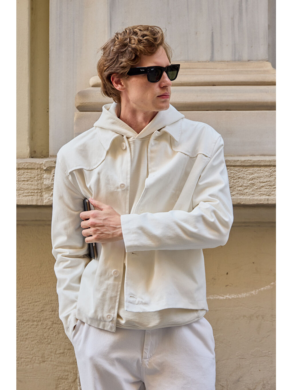 Erkek Teknik Kumaş Mont Ceket Ekru-4