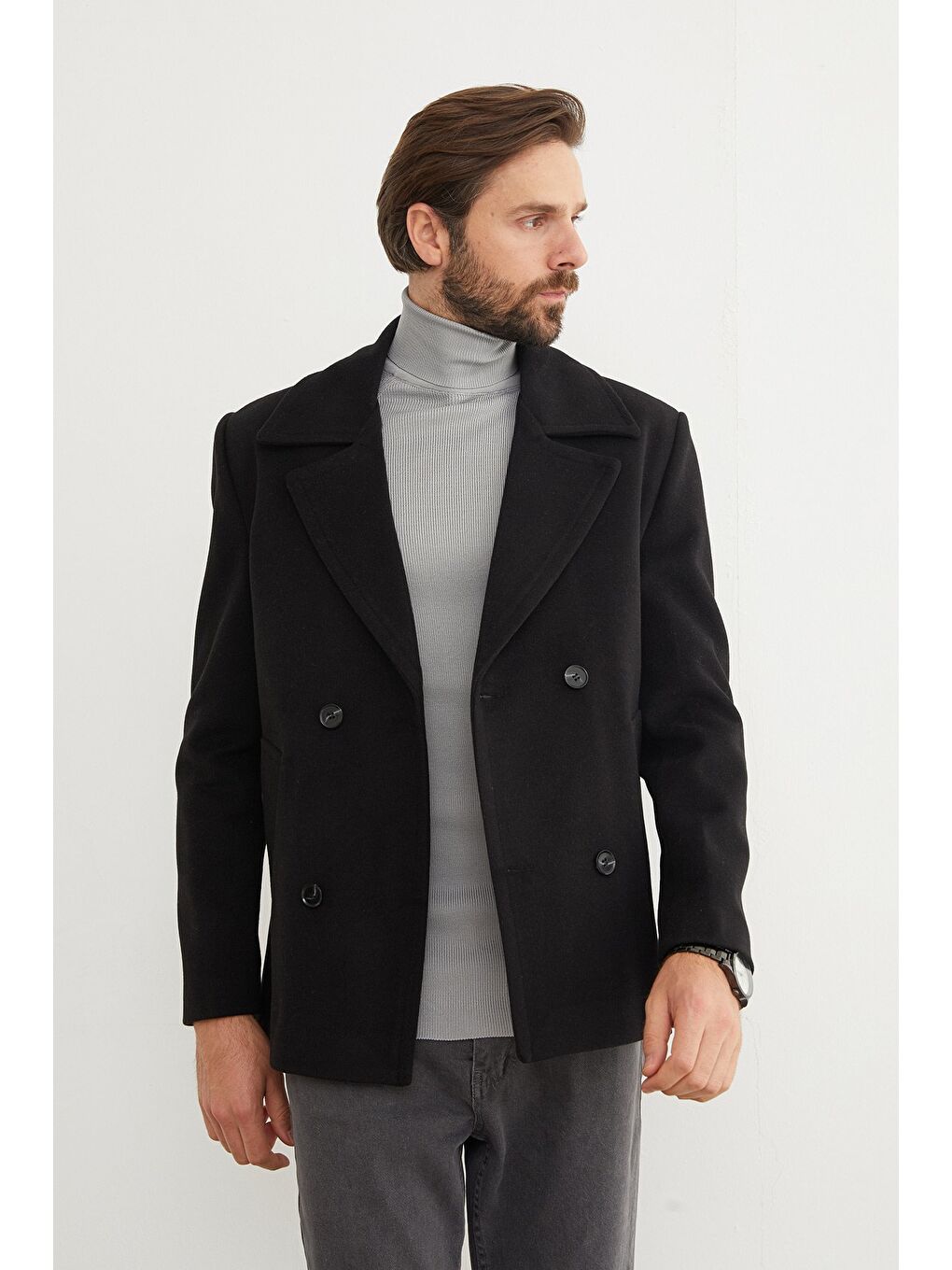 Siyah Düğmeli Kruvaze Yaka Kaşe Kaban-2