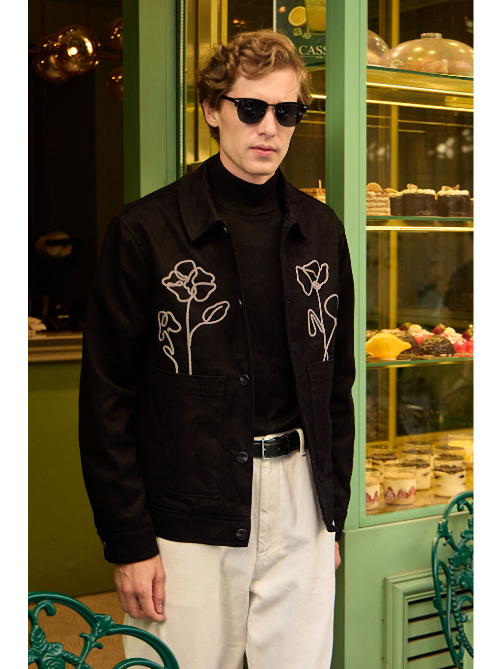 Erkek Çiçek Desenli %100 Pamuk Ceket Siyah-1