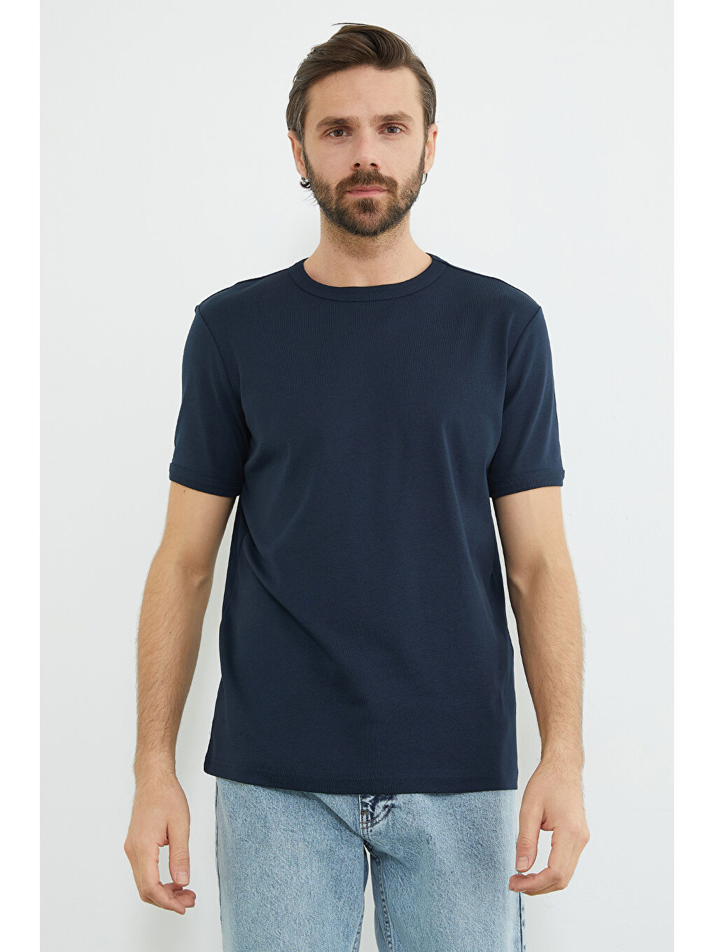 Lacivert Basic Bisiklet Yaka Ribanalı Tişört-1