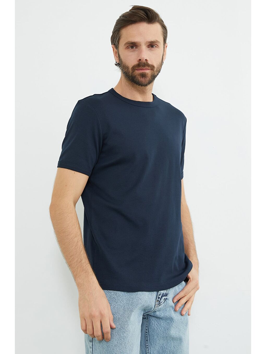 Lacivert Basic Bisiklet Yaka Ribanalı Tişört-2