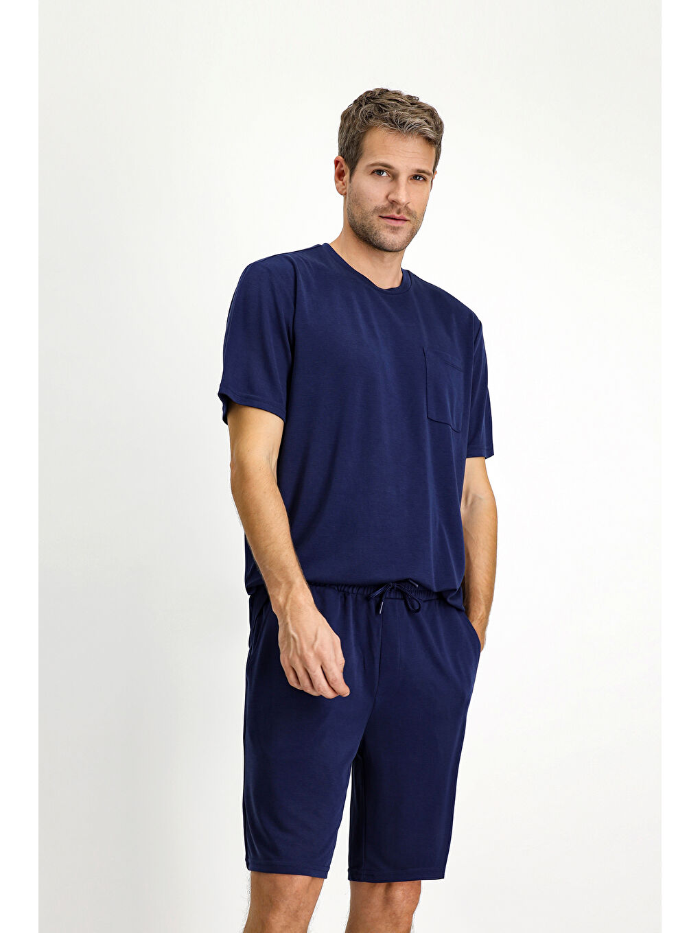 Lacivert Kısa Kol Bisiklet Yaka 2'li Şortlu Pijama Takımı-1