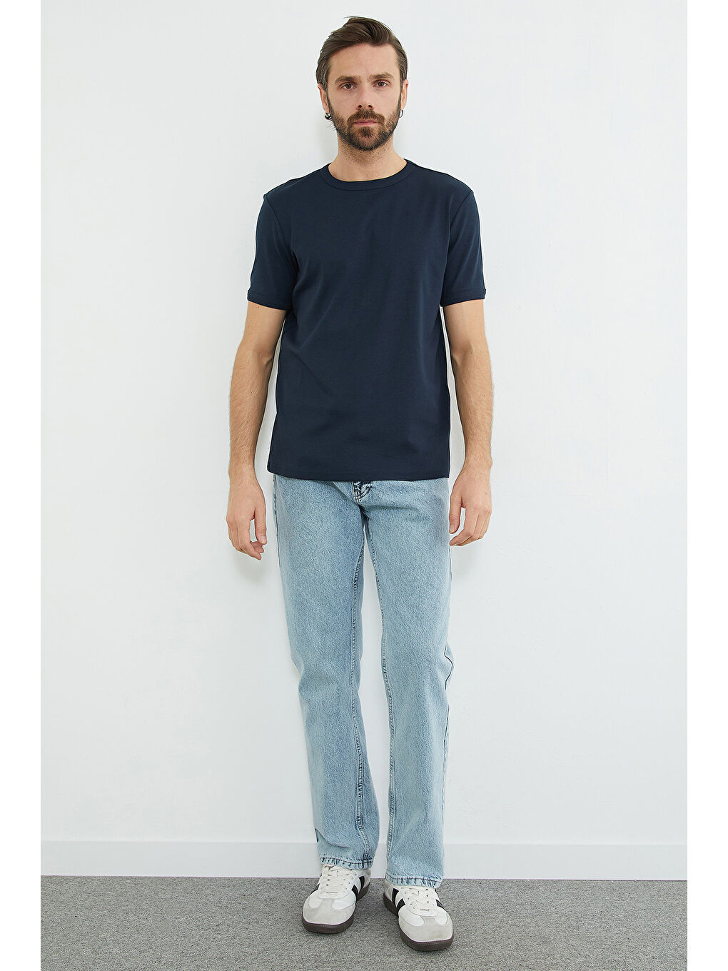 Lacivert Basic Bisiklet Yaka Ribanalı Tişört-3