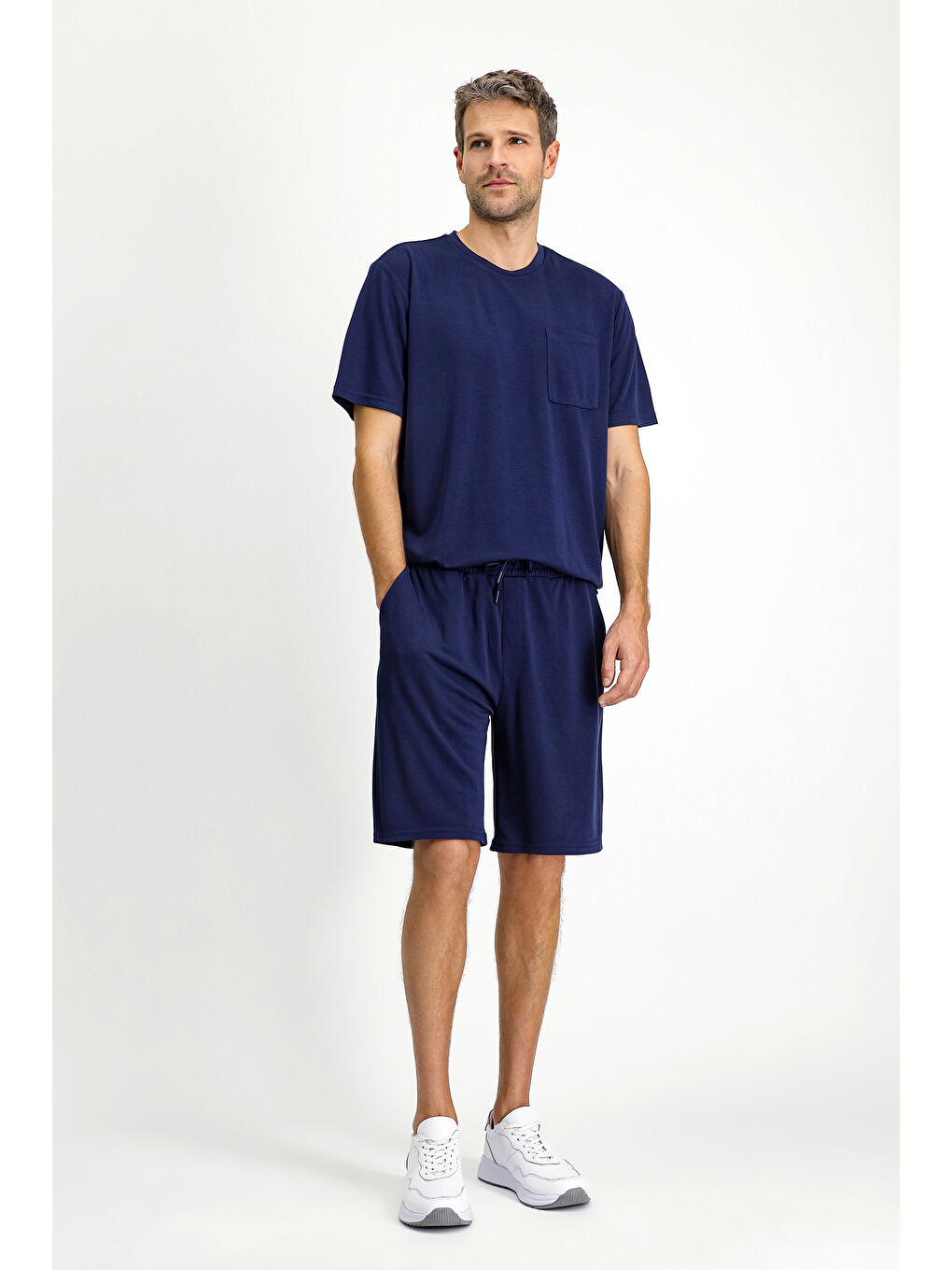 Lacivert Kısa Kol Bisiklet Yaka 2'li Şortlu Pijama Takımı-2