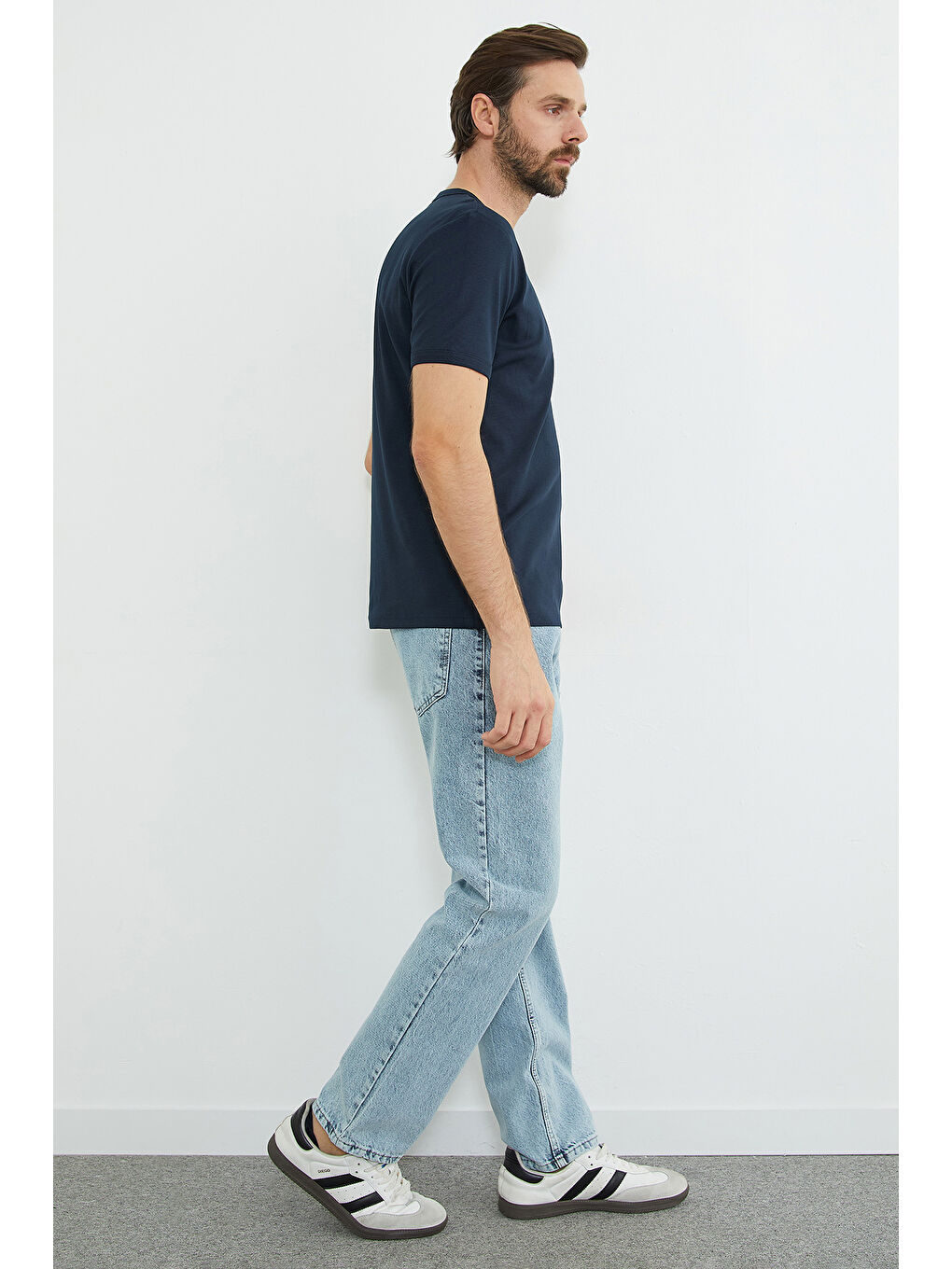 Lacivert Basic Bisiklet Yaka Ribanalı Tişört-4