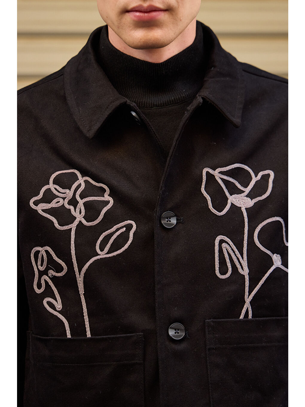 Erkek Çiçek Desenli %100 Pamuk Ceket Siyah-2