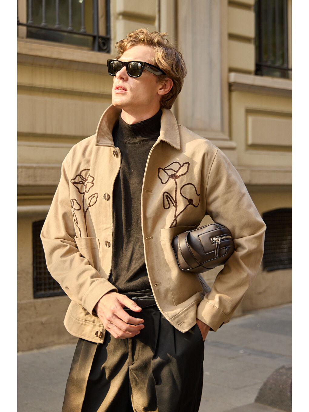 Erkek Çiçek Desenli Ceket Bej-1