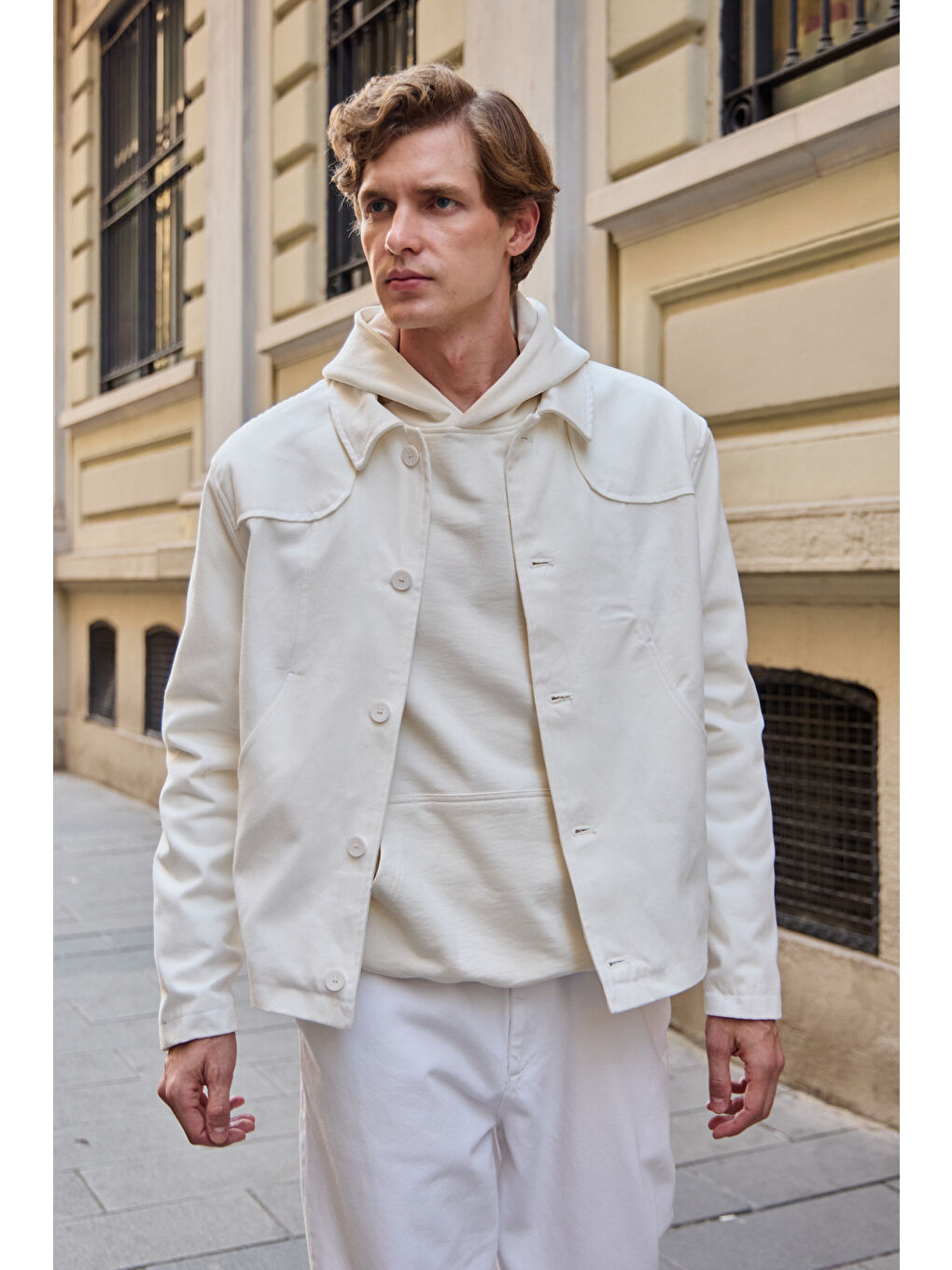 Erkek Teknik Kumaş Mont Ceket Ekru-7