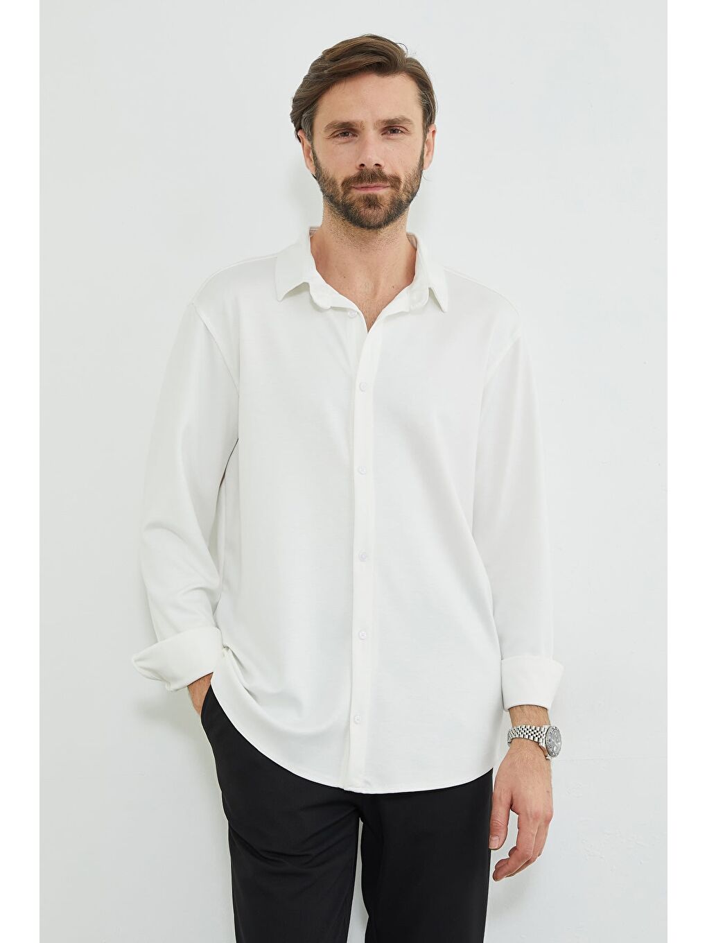 Ekru Basic Uzun Kol Modal Gömlek-1