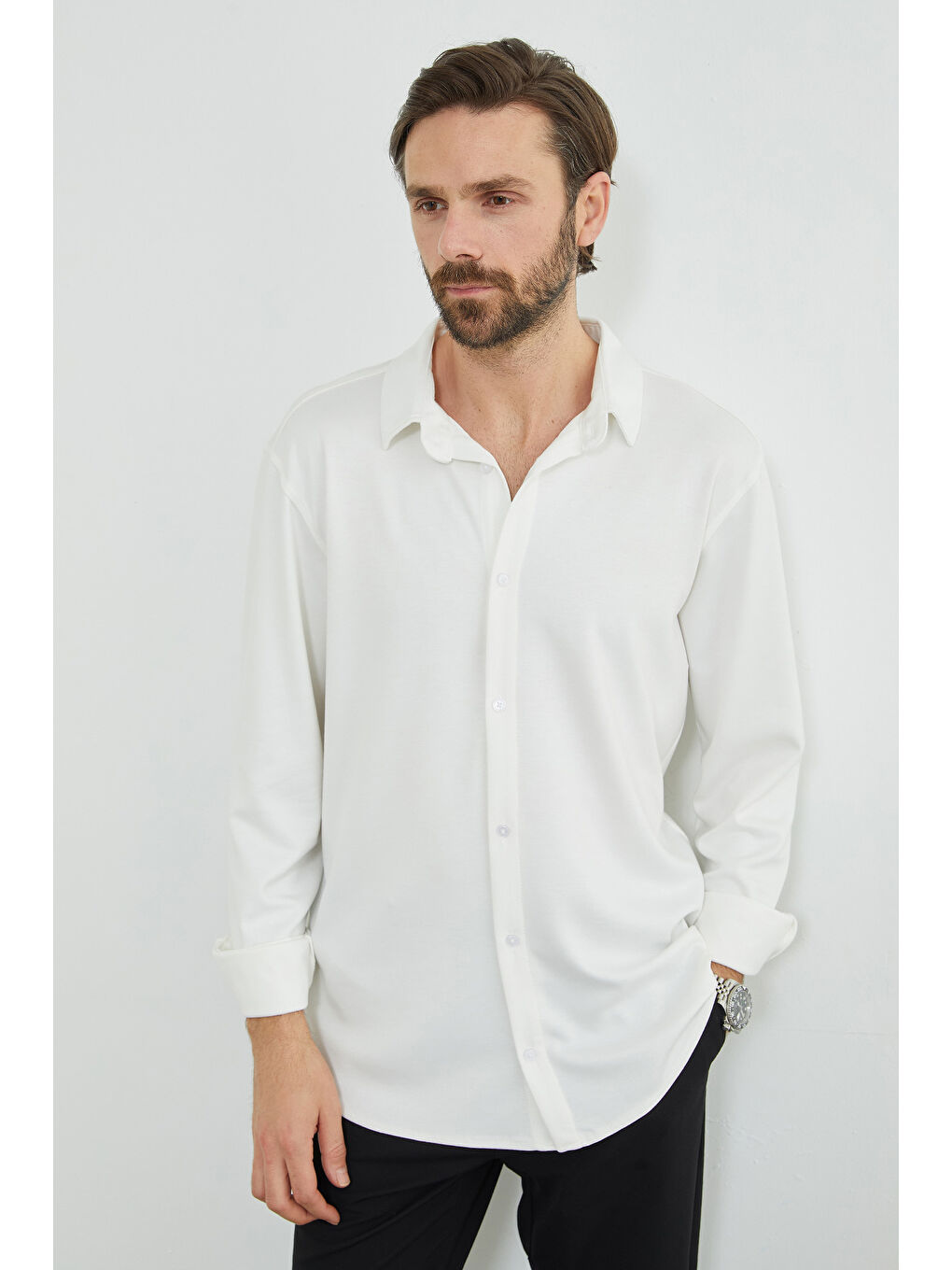 Ekru Basic Uzun Kol Modal Gömlek-2