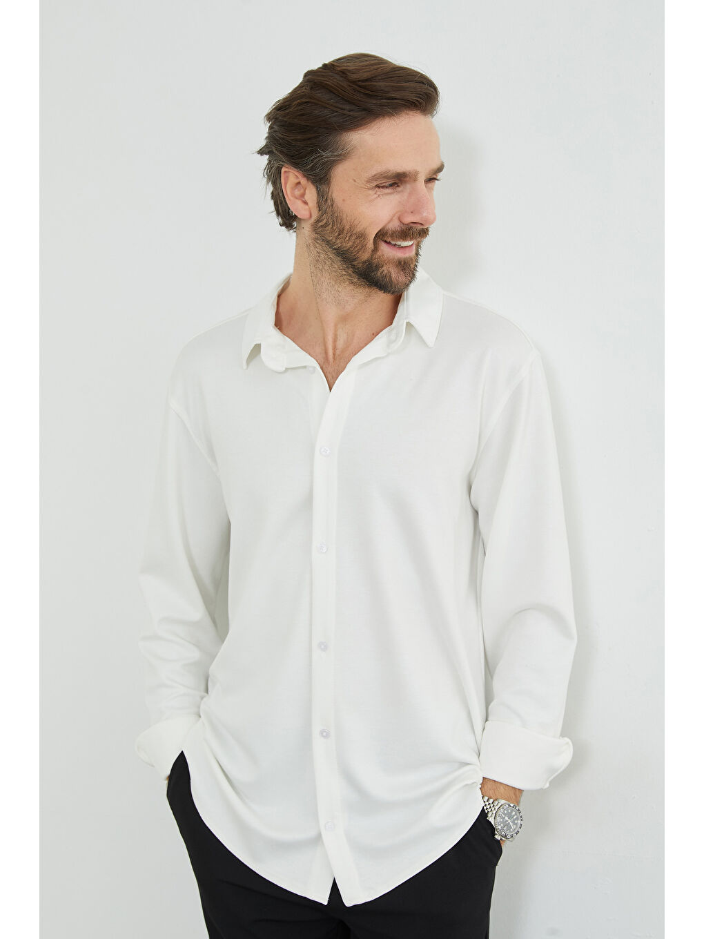 Ekru Basic Uzun Kol Modal Gömlek-3