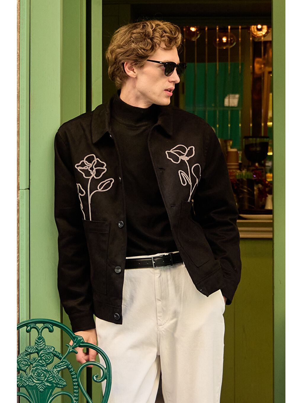 Erkek Çiçek Desenli %100 Pamuk Ceket Siyah-5